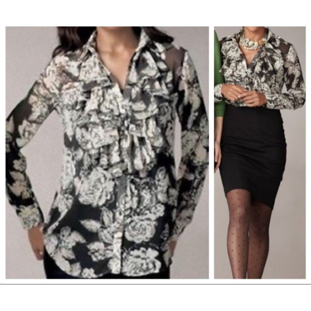 Cabi Medium Floral Ruffle Chiffon Semi-Sheer Button Down Blouse